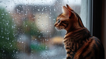 A Bengal cat gazes out a rain-soaked window, evoking a sense of calm and contemplation.