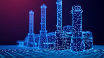 Low poly wireframe of an oil refinery, intricate 3D mesh with connected dots, futuristic industrial design, polygonal art illustration of naphtha industry