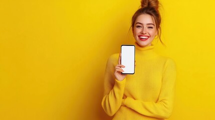 Fototapeta premium A woman in a yellow sweater holding up her phone, AI