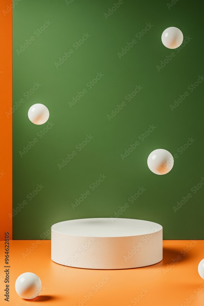 Aufkleber dynamic minimalist podium in vibrant gradient background with floating balls