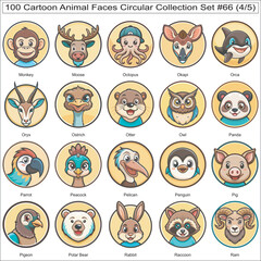 Cartoon Animal Faces Circular Collection Set of 100 Isolated Animals Part 4
