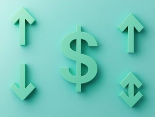 Obraz premium A sleek green dollar icon with arrows pointing in different directions, showing market changes, Minimalist, 3D Render, Digital