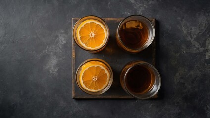 Cold brew coffee with orange juice on a gray stone background, top view with copy space.