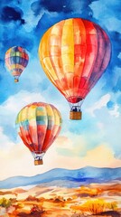 Naklejka premium Colorful hot air balloons float gracefully over a scenic landscape, capturing the essence of freedom and adventure in the sky.