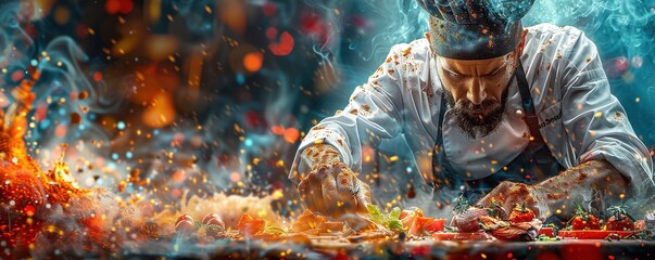 A chef experimenting with fusion cuisine, face adventurous and eager to create innovative dishes.