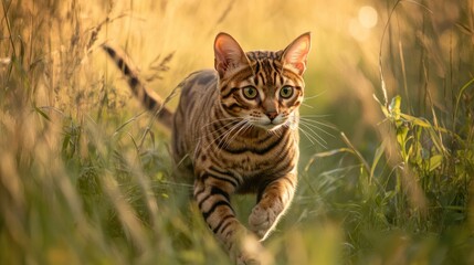 Obraz premium A Bengal cat gracefully runs through tall grass in a sunlit field.