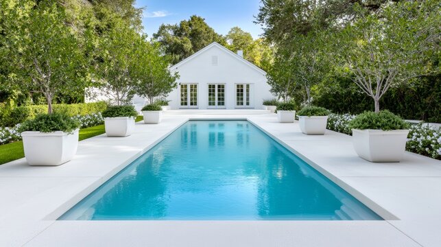 Symmetry in the Layout of Minimalist Pools, Discuss how symmetrical pool designs, such as rectangular shapes and mirrored surrounding elements, add structure and simplicity to outdoor spaces