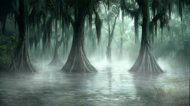 A dark, overgrown swamp, with gnarled cypress trees. Halloween concept, looping 4k video animation background