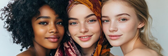 Obraz premium A group of young women from different ethnicities shares bright smiles, symbolizing the strength of friendship and the beauty of diversity.