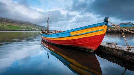 Fototapeta premium The vibrant colors of a traditional Faroese fishing boat docked in a quiet harbor.