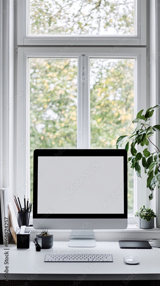 Poster minimalist home office workspace with a computer, keyboard, and mouse on a white desk with a window 