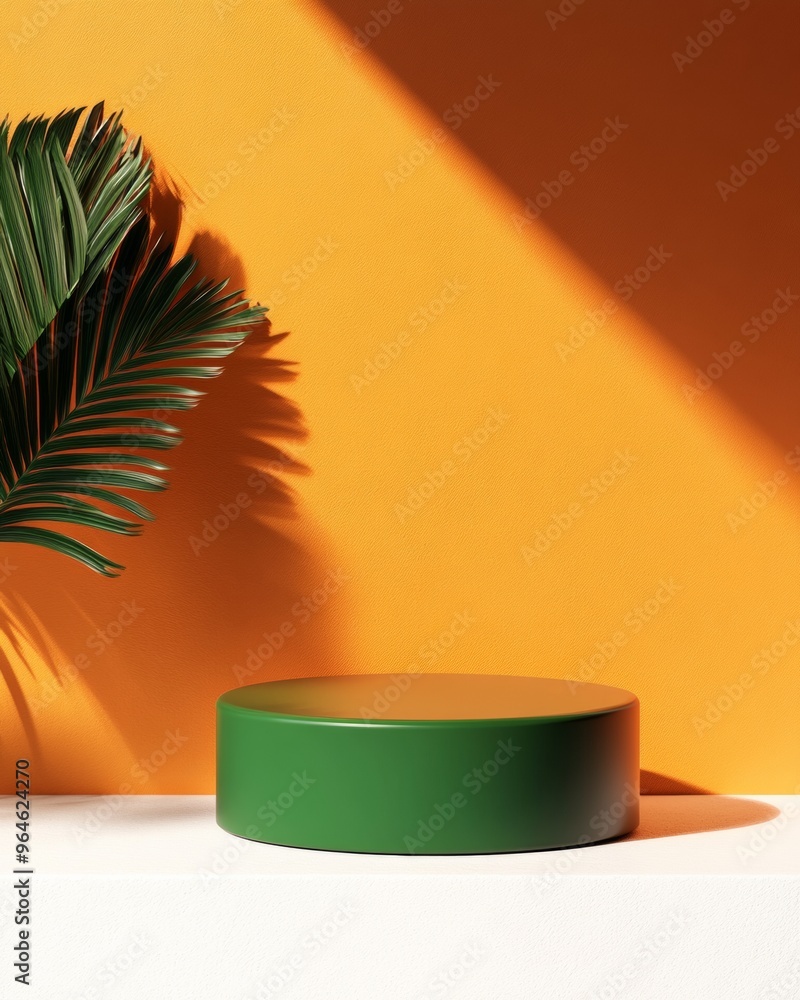 Poster vibrant minimalist podium display green round podium on burnt orange background with sharp shadows
