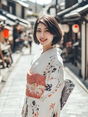 Fototapeta premium Elegant Japanese Woman in Modern Kimono Strolling on Traditional Street