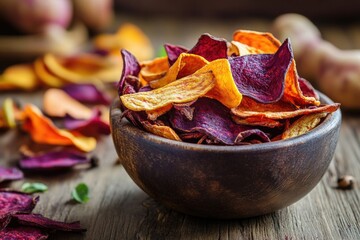 Healthy colorful vegetable chips made from beet, celery, carrots and potatoes 