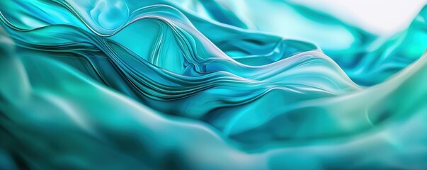 Abstract background with 3D glass shapes, a teal and blue gradient, fluid lines, curved lines, soft edges, low details, smooth curves, and high resolution. Close-up view