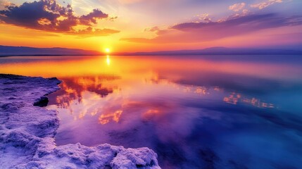 Fototapeta premium The vibrant colors of the Dead Sea at sunrise, with the sky reflecting in the calm, mineral-rich waters.