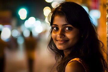 Fototapeta premium Vibrant Smile and Expressive Eyes of a Young Indian Woman in Mumbai s Street Lights