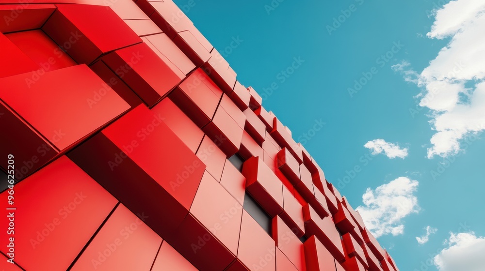 Poster a close up of a red building with clouds in the sky, ai