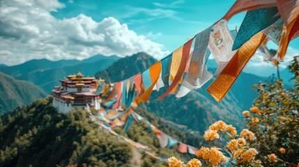 The vibrant prayer flags fluttering in the wind, with Tiger's Nest Monastery visible in the background.