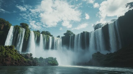 Fototapeta premium The view from a boat approaching the base of Iguazu Falls, with the powerful cascades towering overhead.