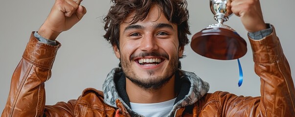 A man with a proud smile, holding a trophy high above his head with both hands and celebrating victory against a plain white background.