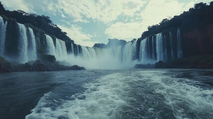 Fototapeta premium The view from a boat approaching the base of Iguazu Falls, with the powerful cascades towering overhead.