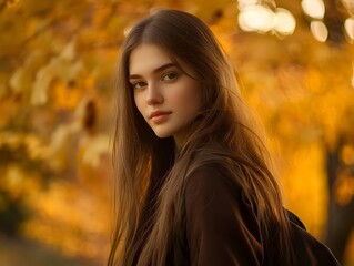 Fototapeta premium Serene Autumn Stroll of Statuesque Russian Beauty Through Park