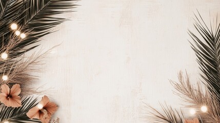 Tropical Christmas Wallpaper with Palm Leaves and Hibiscus Flowers, Minimalist Boho Style