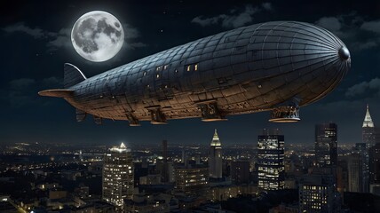 Fototapeta premium A detailed drawing of a haunted airship flying over a city, illuminated by the moon, perfect for Halloween