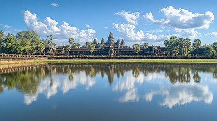 Fototapeta premium The view of Angkor Wat from across the moat, with the temple reflection mirrored in the still water.
