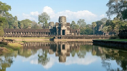 Naklejka premium The view of Angkor Wat from across the moat, with the temple reflection mirrored in the still water.