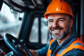 Happy Construction Worker in Hard Hat and Safety Vest Operating Heavy Machinery, Close-up Portrait
