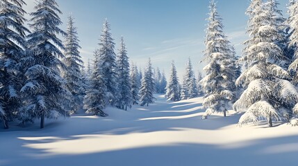 Obraz premium Serene Winter Wonderland Panoramic View of Snow Covered Forest Landscape