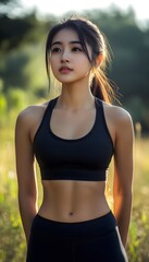 Fototapeta premium A strong Asian woman exercising outdoors, athletic wear, determined expression