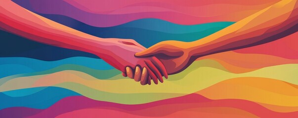 Colorful illustration of two hands connecting, symbolizing cooperation and unity
