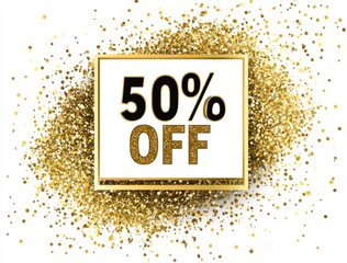 Elegant gold glitter 50% off sale banner with sparkling black background