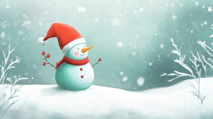 A cheerful snowman in a red hat stands in a snowy landscape, embodying the festive spirit of winter.
