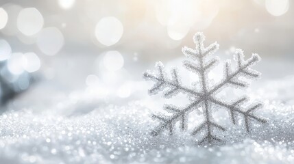 A close-up of a delicate snowflake resting on sparkling snow, creating a serene winter atmosphere.