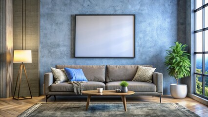 Mockup poster frame displayed in a modern interior featuring a grey wall, sofa, and low table on the floor