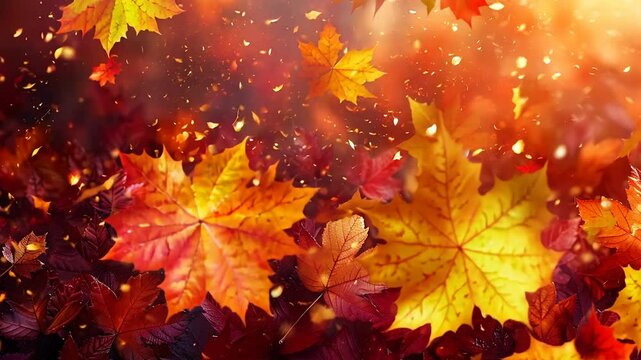 Golden autumn leaves falling in slow motion, sun shining through the branches.