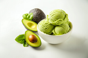 Bowl of Creamy Avocado Ice Cream with Fresh Avocados on the Side
