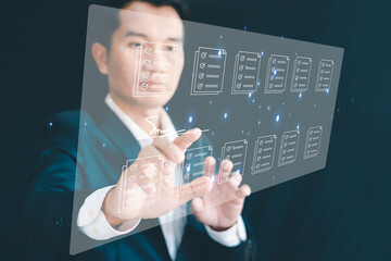 The businessman is meticulously reviewing the business document against a comprehensive checklist...