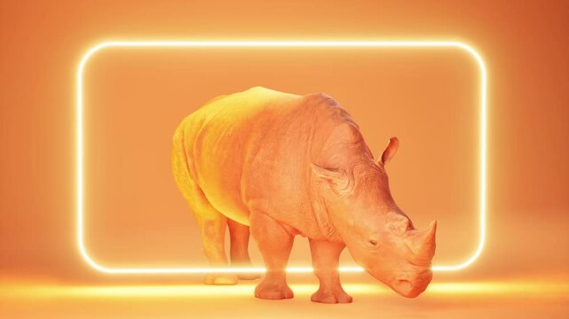 Pink rhinoceros on pink background with neon frame