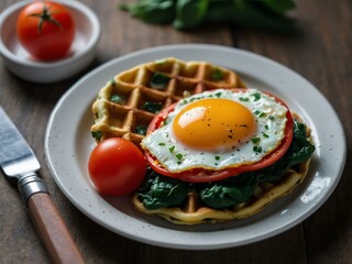 Fried egg with cheese, tomatoes, and chard served with a spinach waffle on a white plate.