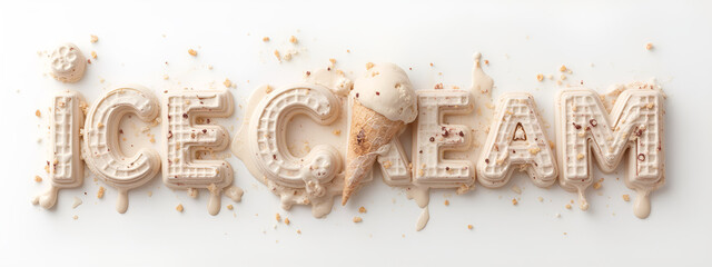 testo su sfondo bianco con scritta "ice cream" realizzata con gelato alla fragola