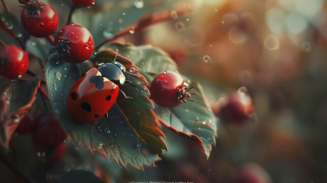 A ladybug perched on a leaf with red berries, sunlight shining through the foliage.