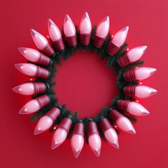 Obraz premium Christmas red background with realistic decoration round ring from glass light garland. Merry Christmas Greeting card. Happy new year. ai generated