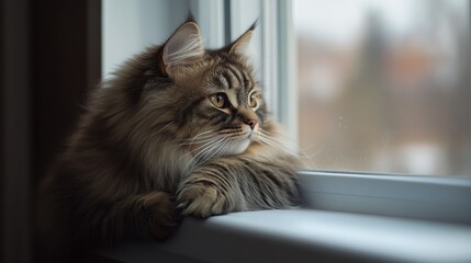 A cat gazing thoughtfully out of a window, capturing a moment of tranquility.