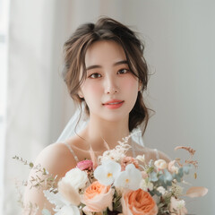 Fototapeta premium Smiling Asian woman wearing a wedding dress and holding a bouquet