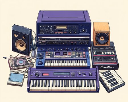 1980s purple and blue hip hop MPC drum machine with boombox and piano keyboard